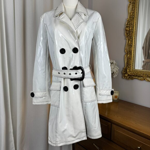 VTG Y2K White Glossy PVC Vinyl Style Faux Patent Buckled Trench Coat sz Large - Picture 7 of 11